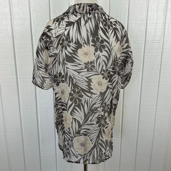Women Vintage Top Blouse Short Sleeve Tropical Sheer Vacation Silk Brown Size 16 - Picture 6 of 7